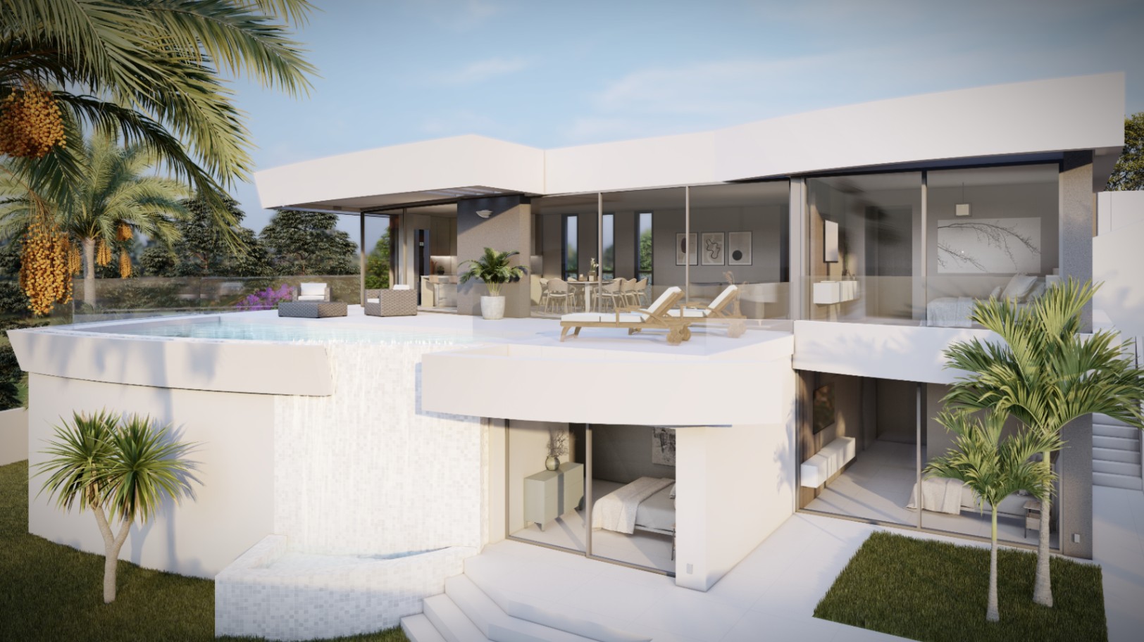 Two-level modern villa featuring an infinity pool with a cascading waterfall. Floor-to-ceiling glass walls connect the open-plan living areas and bedrooms to the terraces.