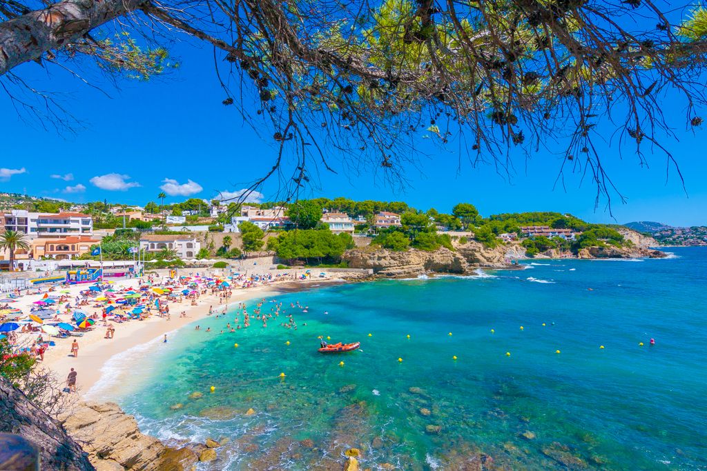 Panoramic view of La Fustera sandy beach featuring turquoise waters, framed by Mediterranean pines and rocky cliffs under a clear blue sky.