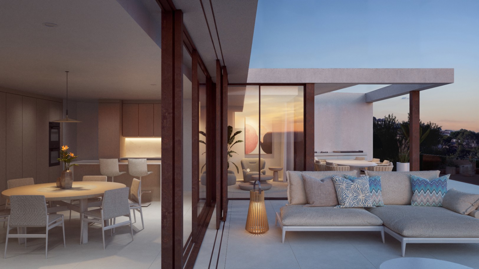 Open-plan dining and kitchen area seamlessly connected to a lounge terrace via floor-to-ceiling glass doors, featuring minimalist wood finishes and warm lighting.