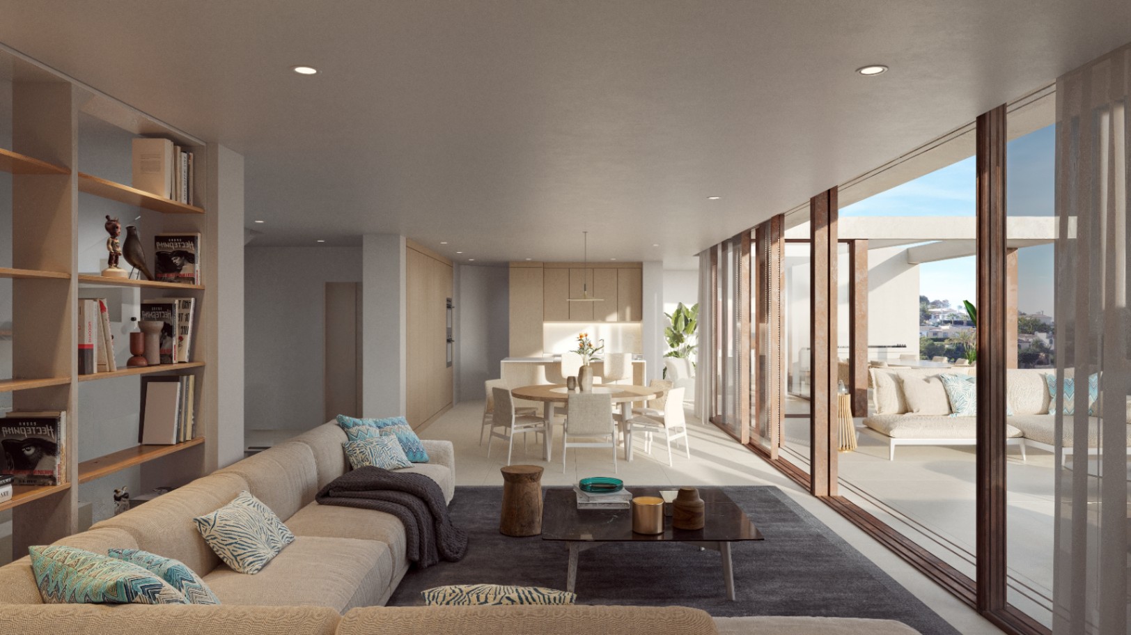 Open-plan living area featuring floor-to-ceiling glass doors, a modern integrated kitchen, and a spacious lounge that connects seamlessly to the outdoor terrace.