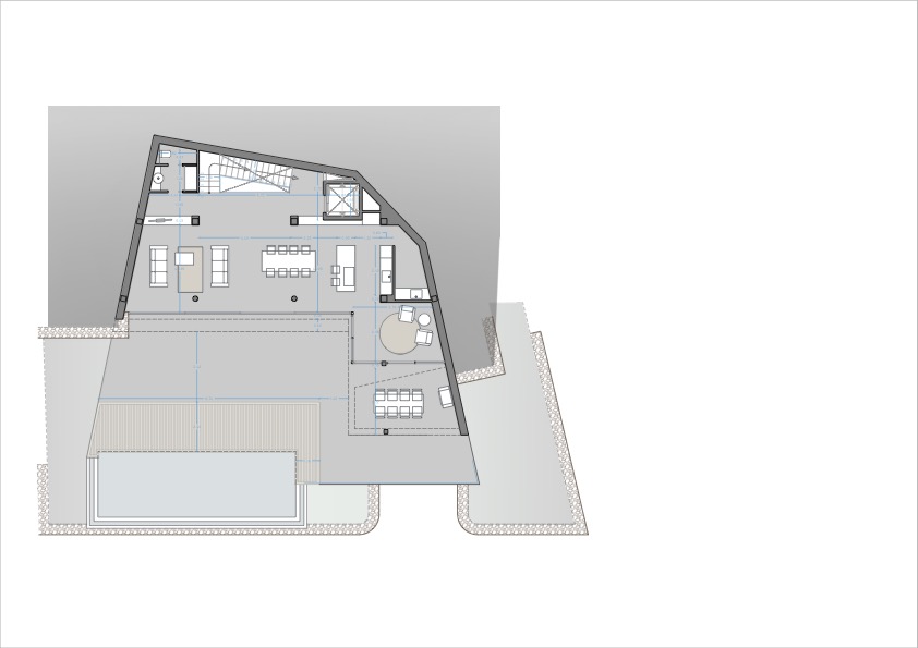 Architectural floor plan of the villa, showcasing the interior layout and exterior pool area.