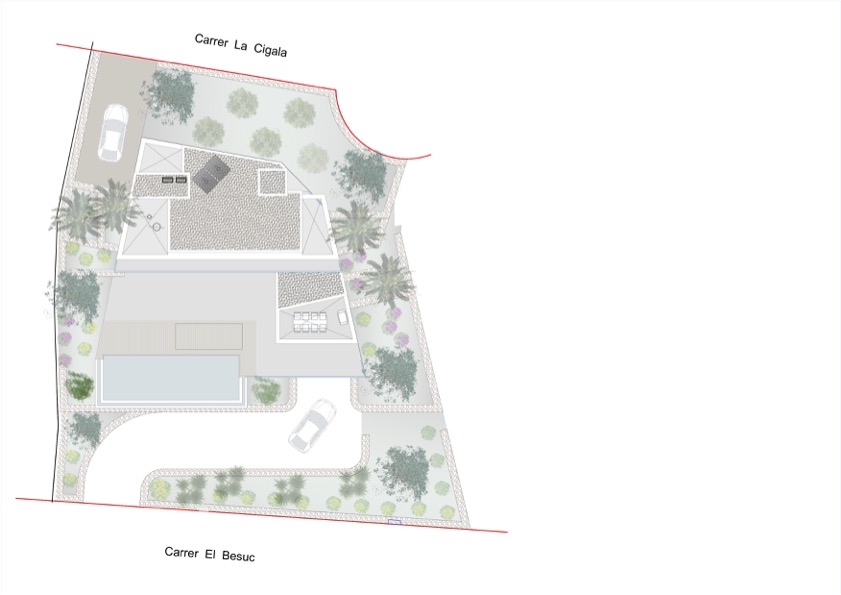 Architectural plan of the villa with pool, terraces and gardens in Benissa, Costa Blanca.