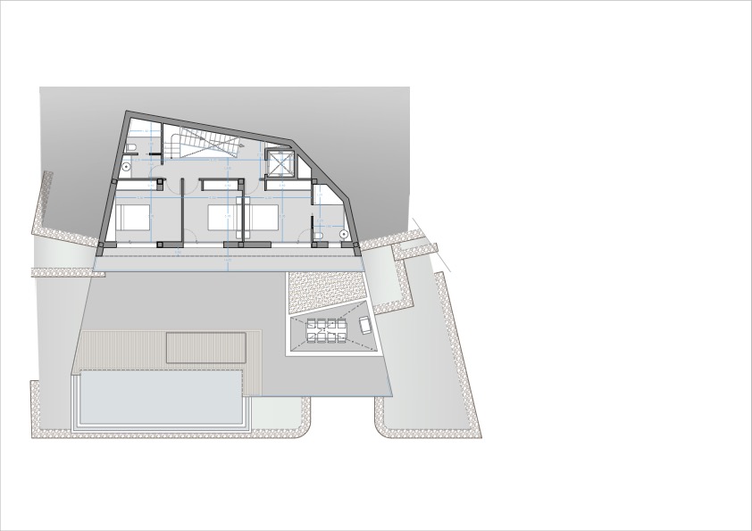 Architectural plan showing the villa's layout, including bedrooms, pool, and terrace.