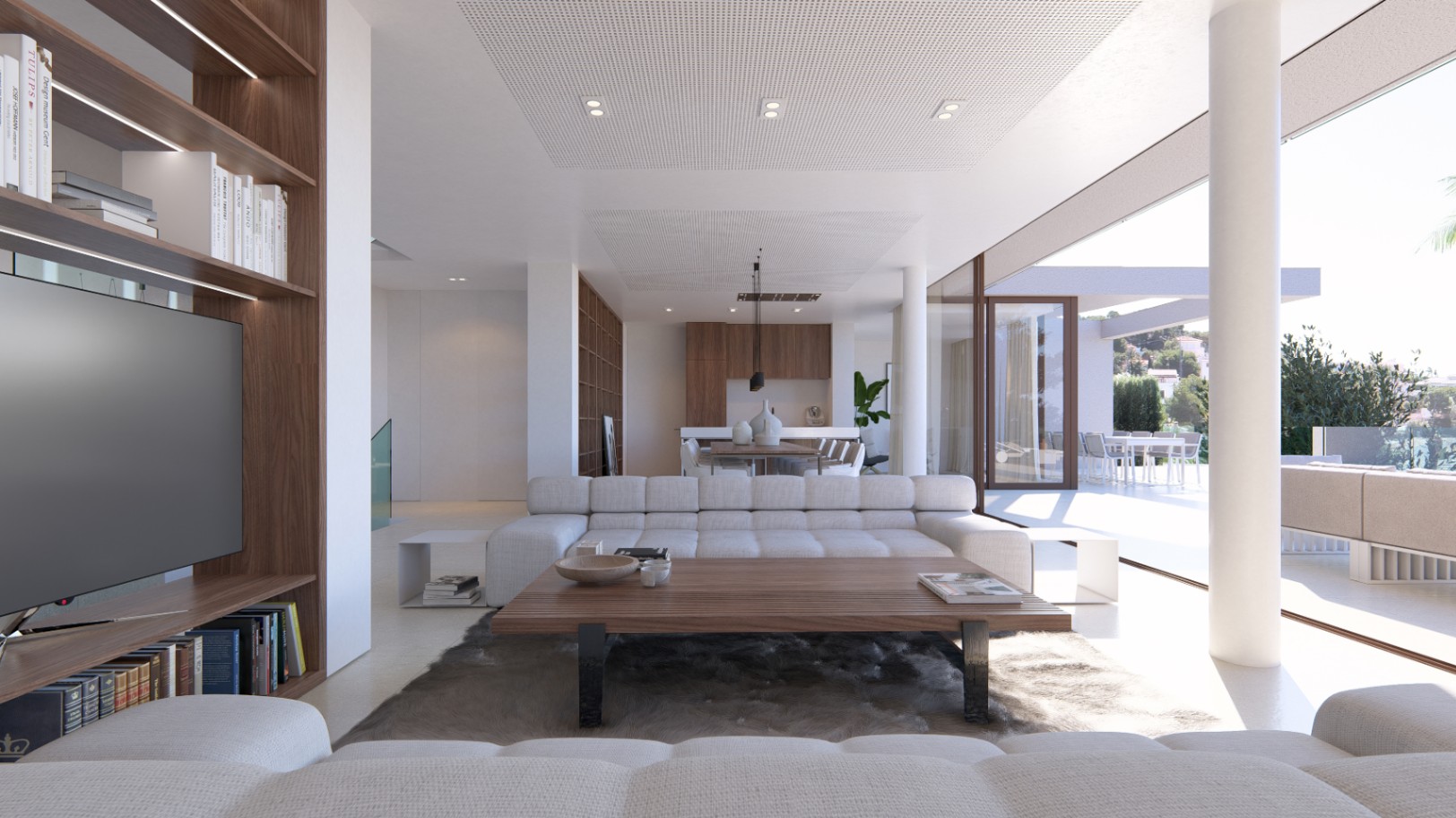 Bright living room with wood shelving and views of the outdoor terrace.