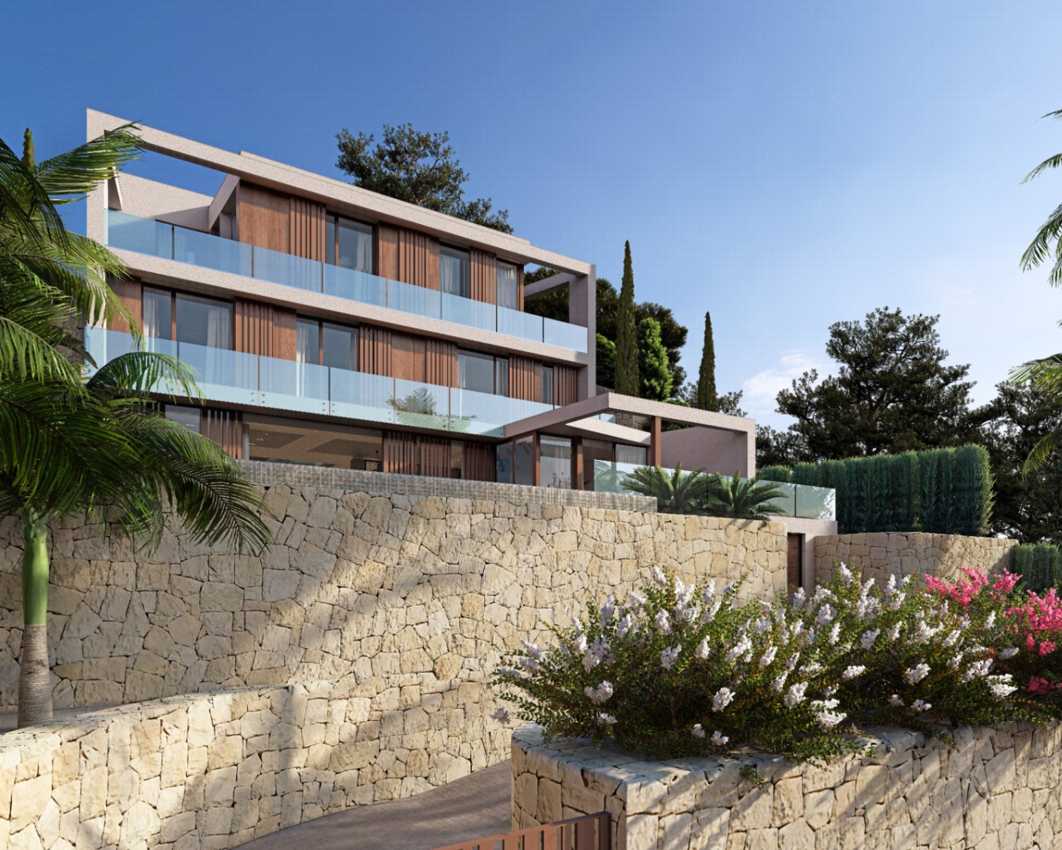 Exterior view of the villa featuring a wood facade and natural stone walls.