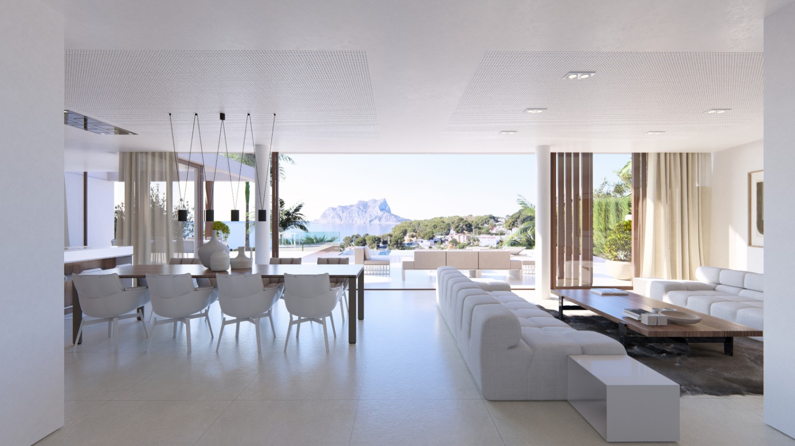 Spacious living-dining area with panoramic sea views and modern design in neutral tones.