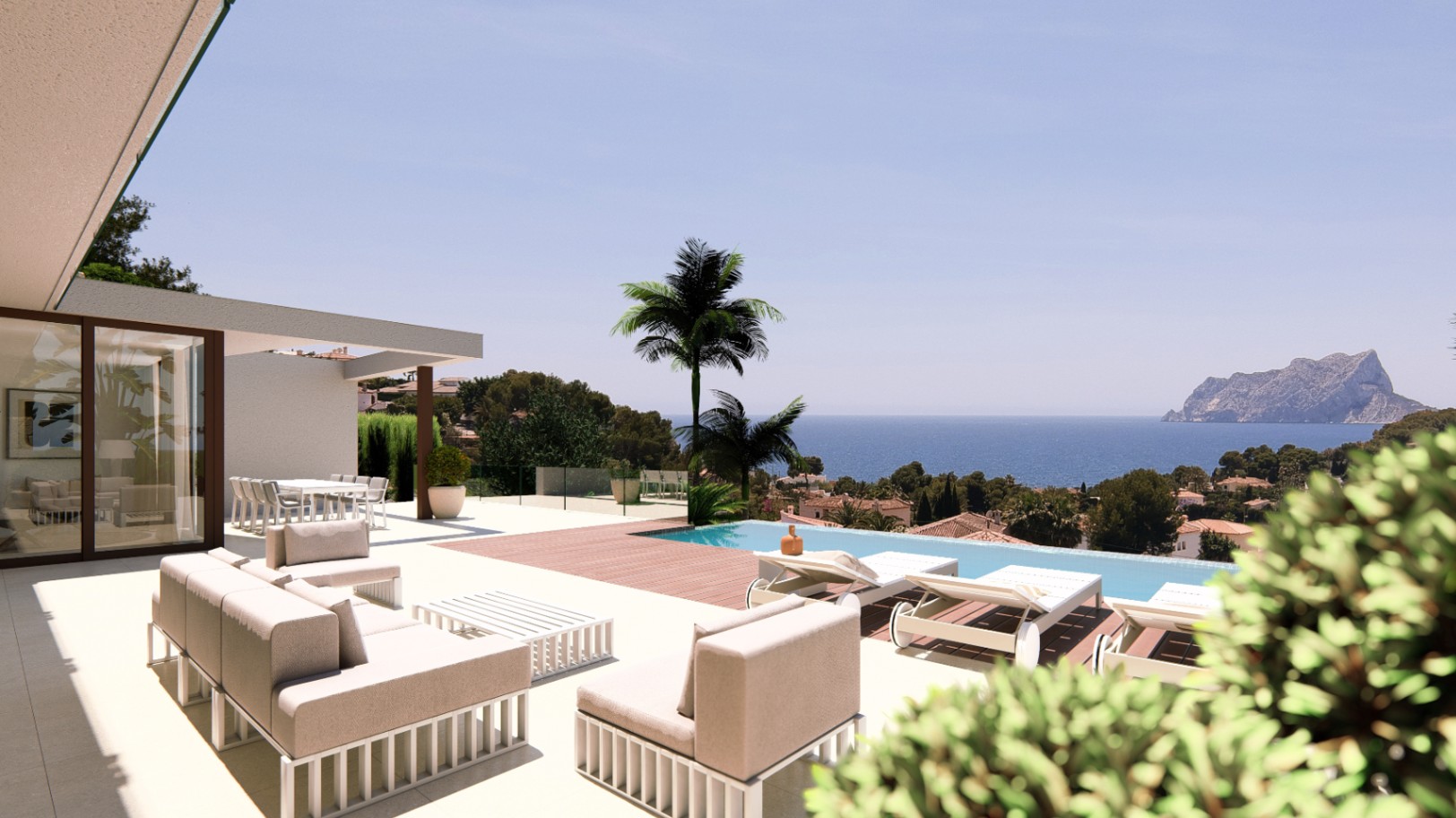 Terrace with pool and sea views, neutral-toned outdoor furniture.