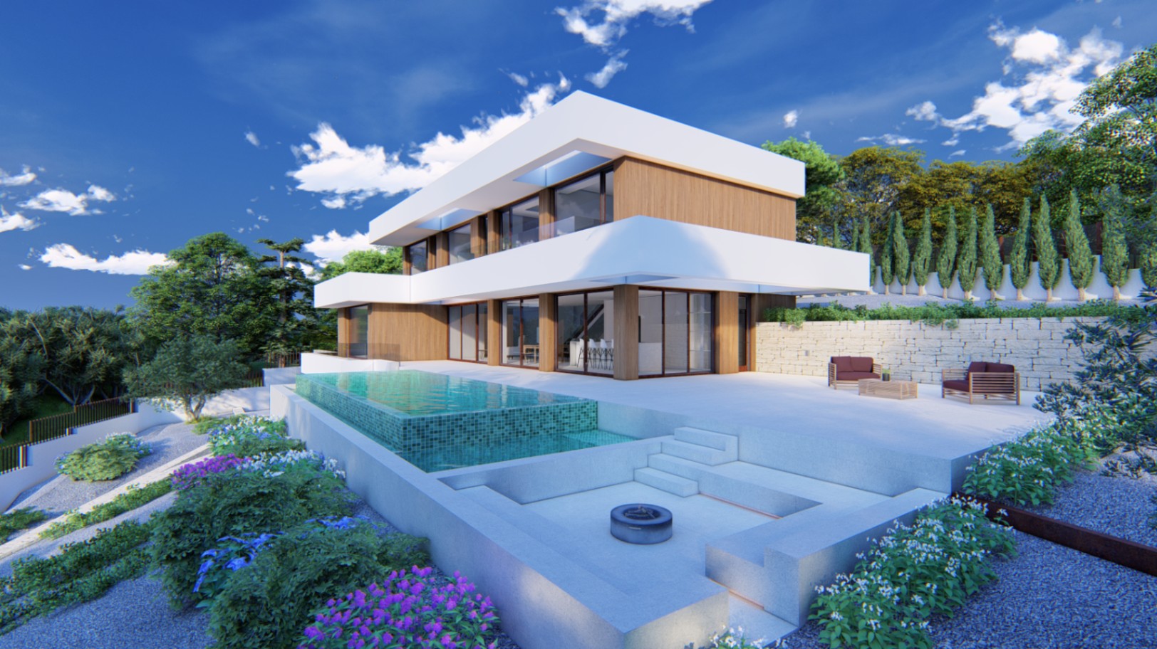 Exterior view of the modern villa featuring wood cladding, an infinity pool, and a sunken fire pit lounge area set within landscaped Mediterranean gardens.