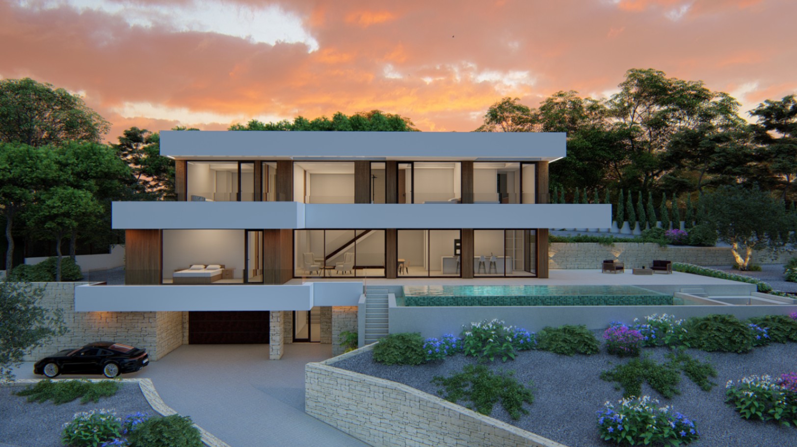 Exterior view of the three-level villa featuring minimalist architecture, floor-to-ceiling glazing, an infinity pool, and natural stone walls at sunset.