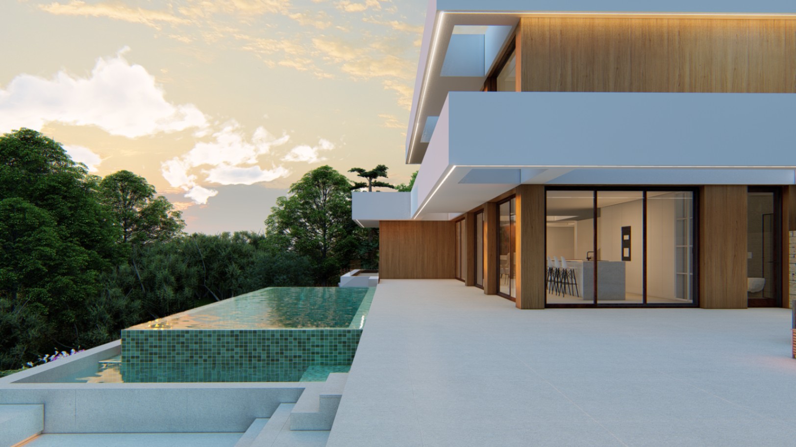 Modern facade featuring wood cladding and integrated LED lighting, adjacent to a green mosaic infinity pool and a spacious porcelain stoneware terrace at dusk.