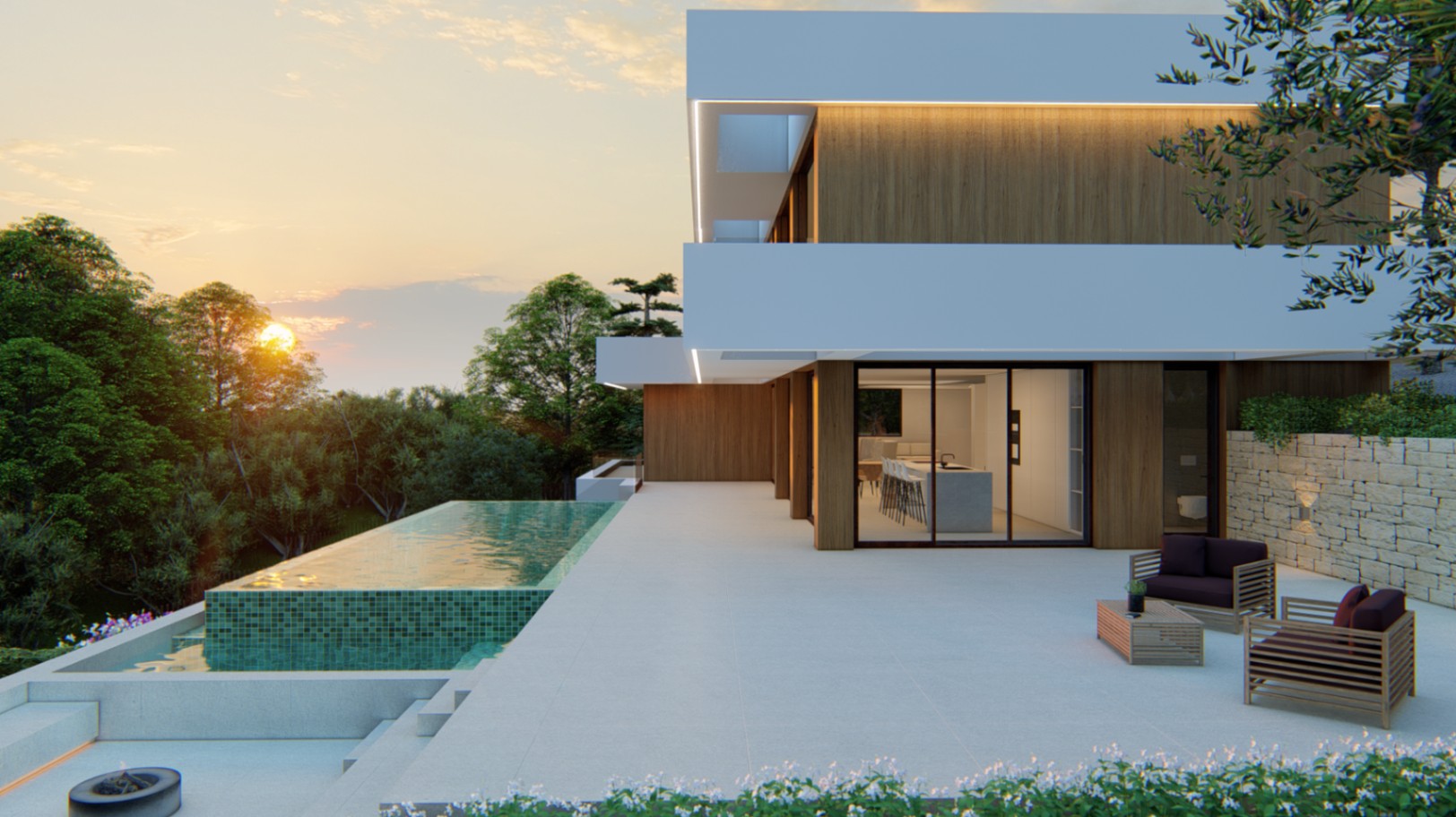 Modern facade featuring wood paneling and large glass doors. The main terrace offers an infinity pool with green mosaic tiles and an outdoor lounge area at sunset.