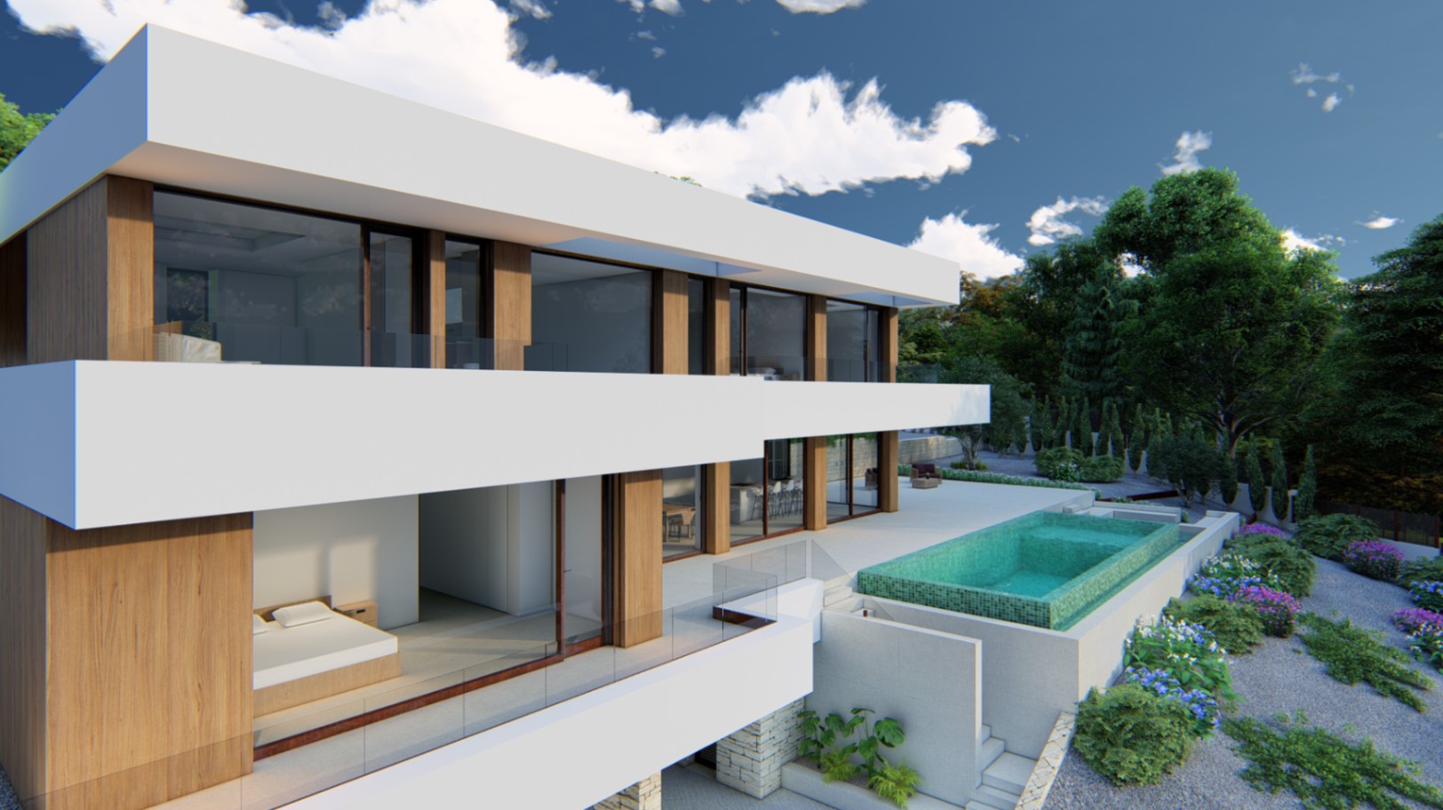 Modern three-level facade featuring white cantilevered structures, wood cladding, and a turquoise mosaic infinity pool integrated into the main terrace.