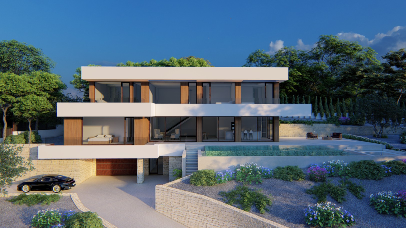 Modern three-level facade with white cantilevered volumes, wood paneling, and stone walls. Features an infinity pool integrated into a spacious terrace with floor-to-ceiling windows.