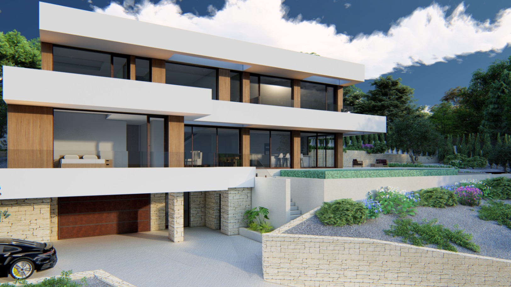 Modern three-level facade with wood panels and natural stone walls. Features an infinity pool, floor-to-ceiling windows, and integrated garage access.