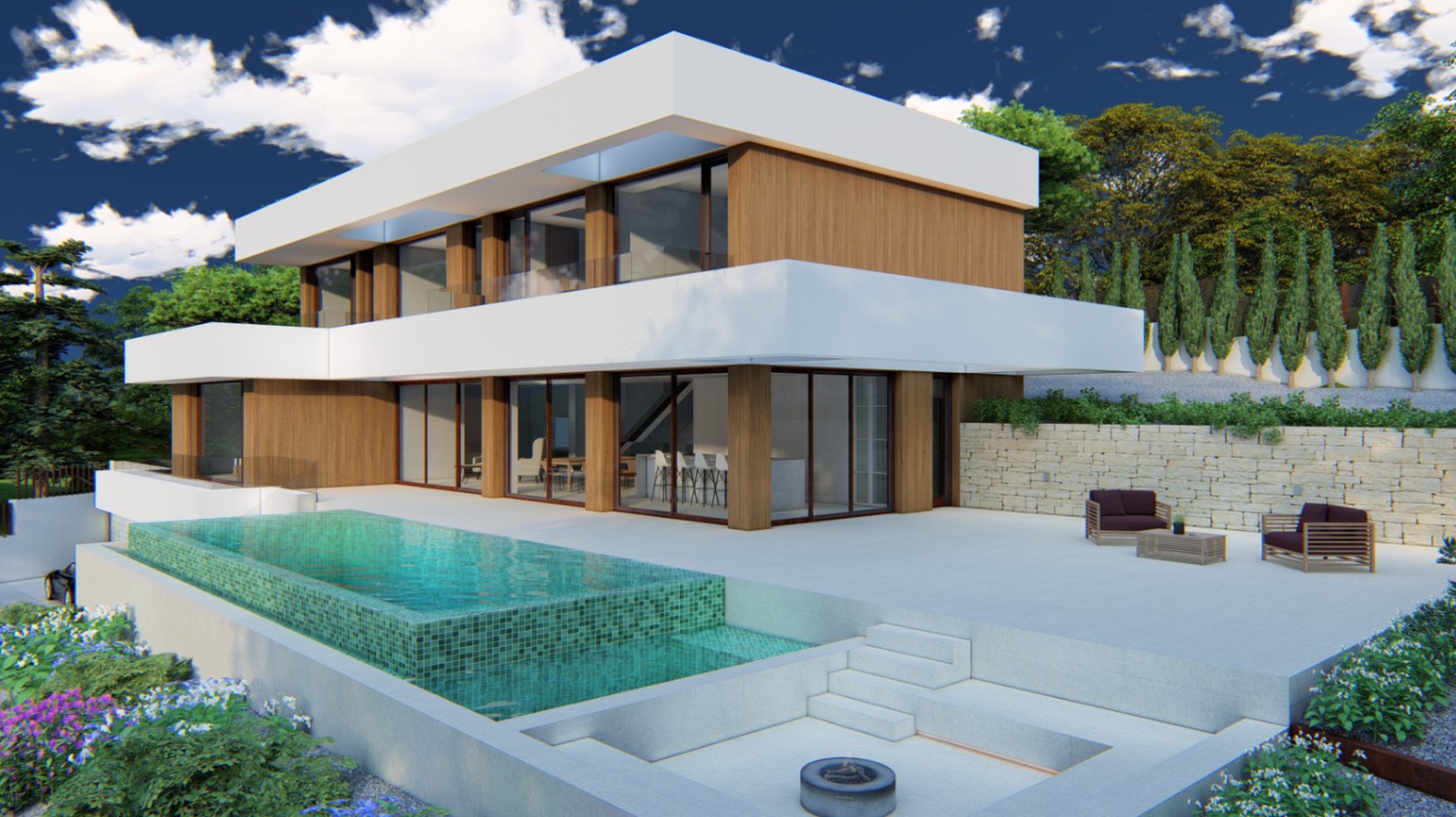 Modern villa exterior featuring wood-paneled facades, a turquoise mosaic infinity pool, and a sunken fire pit area on a spacious white terrace.