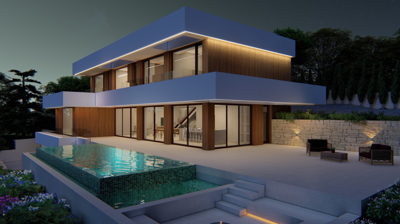 Night view of the villa featuring wood cladding, an infinity pool with green mosaic tiles, and a large terrace with integrated LED lighting and lounge area.