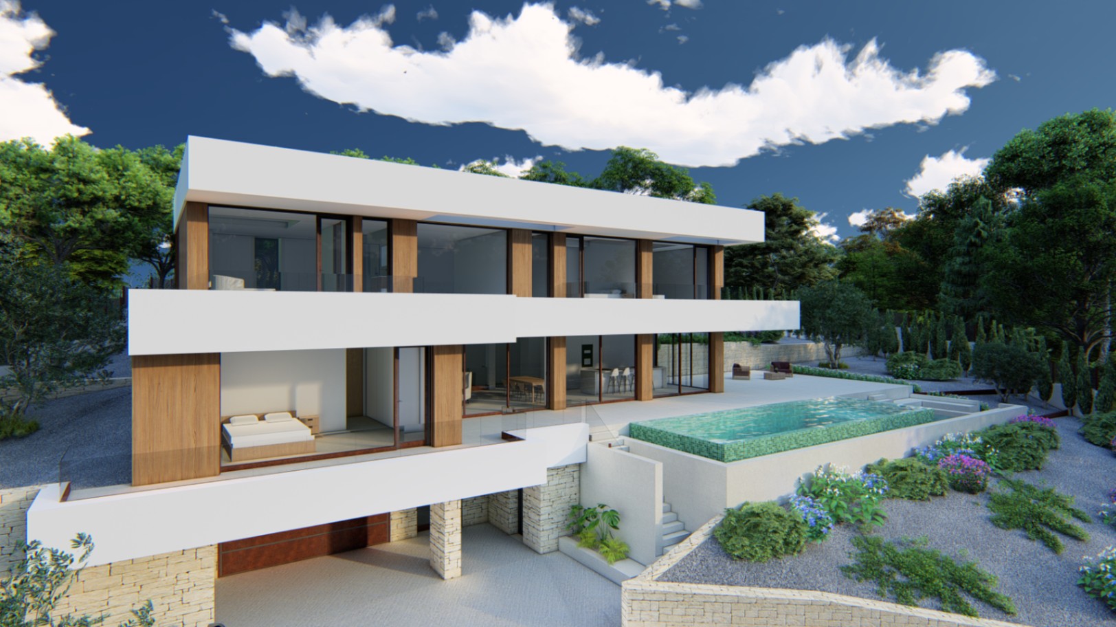 Three-level modern facade featuring wood and stone finishes, an infinity pool, and floor-to-ceiling glass walls overlooking a landscaped Mediterranean garden.