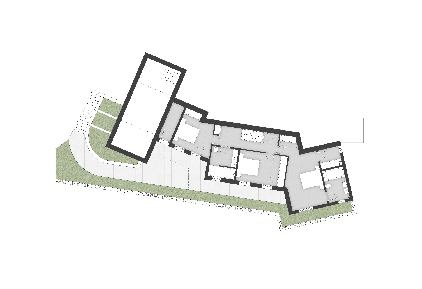 Detailed floor plan of the lower level illustrating the layout of three bedrooms, two bathrooms, and the integrated outdoor terrace area.