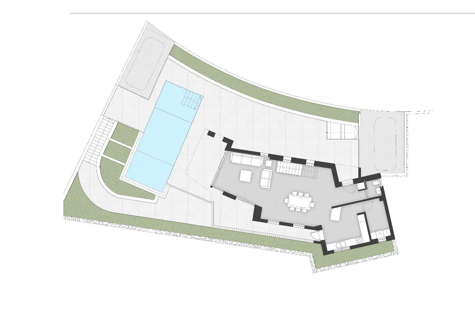 Detailed floor plan of the upper level featuring an open-concept living area, integrated kitchen, and expansive terrace with an infinity pool.