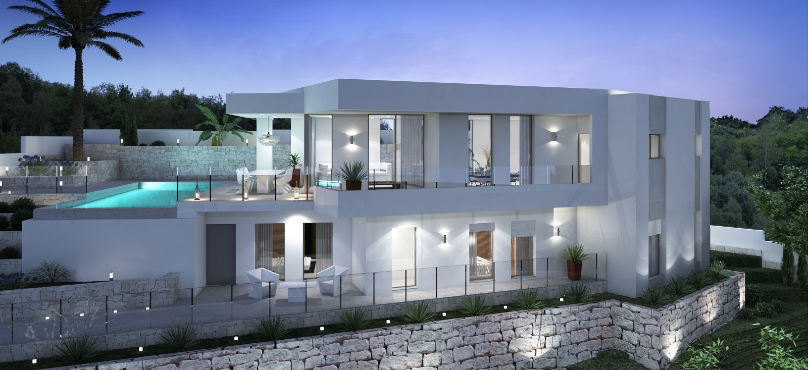 Exterior dusk view of the modern villa featuring a white facade, natural stone walls, an illuminated infinity pool, and glass-railed terraces across two levels.
