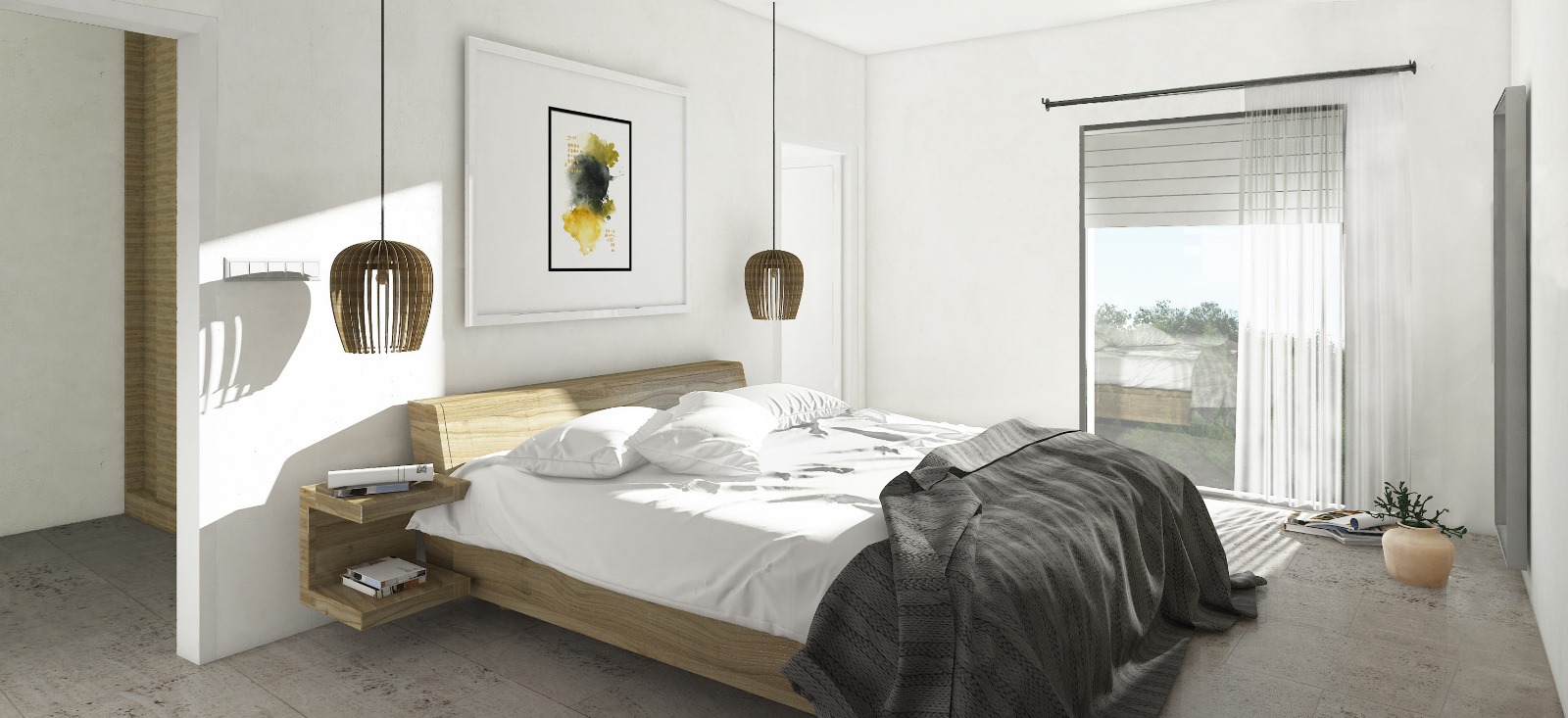 Modern bedroom featuring a wooden bed frame with integrated floating nightstands and designer pendant lights. Large floor-to-ceiling window provides natural light and garden views.