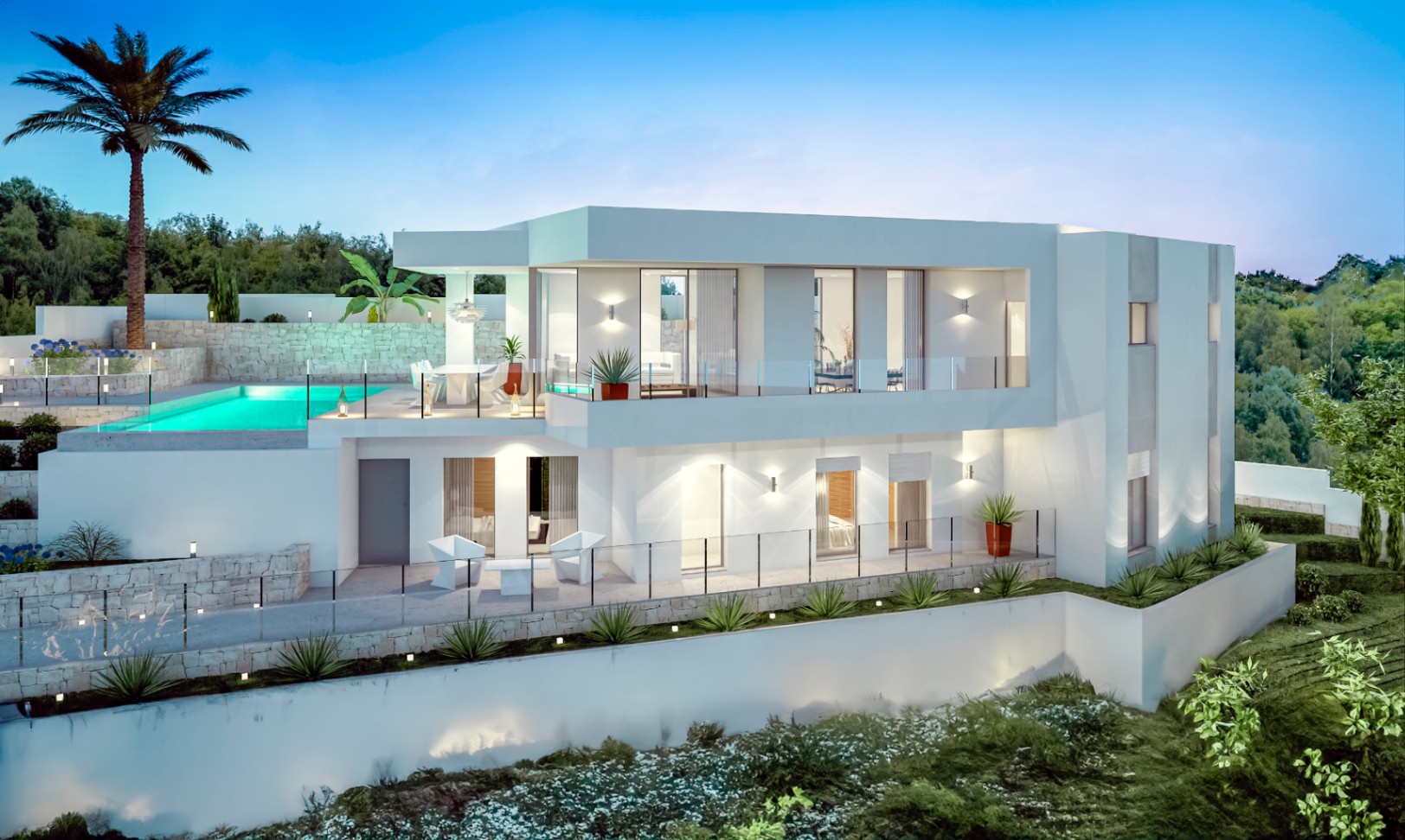 Modern two-story villa exterior featuring an upper-level infinity pool, glass balustrades, and integrated outdoor lighting against a white facade and stone walls.