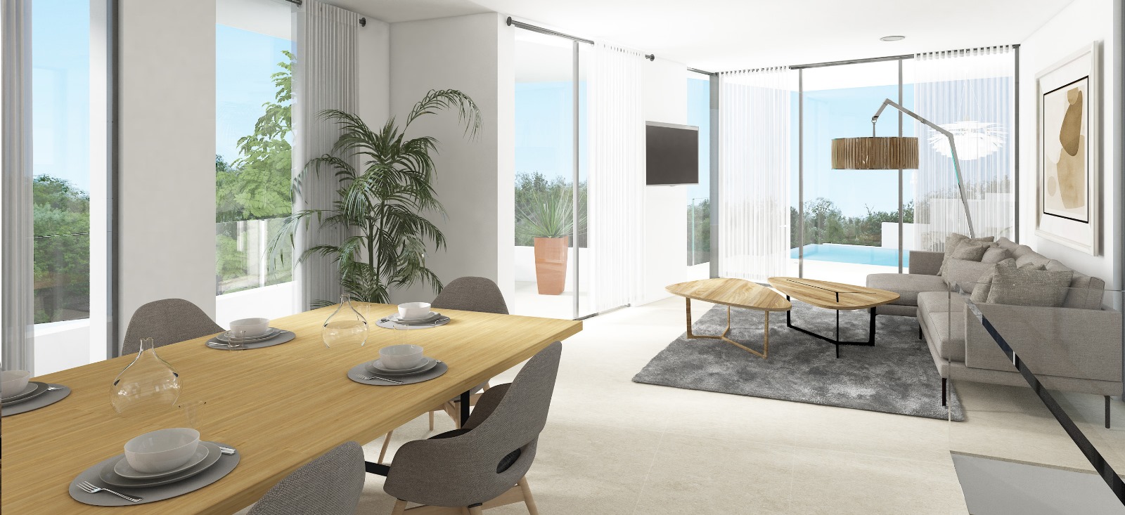 Open-plan living and dining space featuring a natural wood table, minimalist grey seating, and floor-to-ceiling glass doors overlooking the pool.