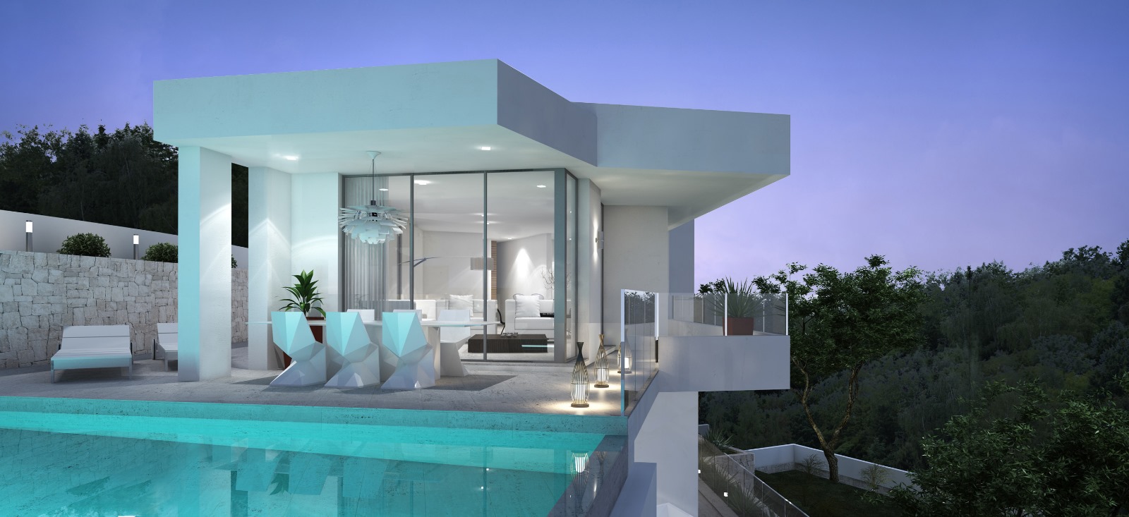 Upper terrace featuring an infinity pool, geometric designer furniture, and floor-to-ceiling glass doors connecting the interior living area with the landscape.