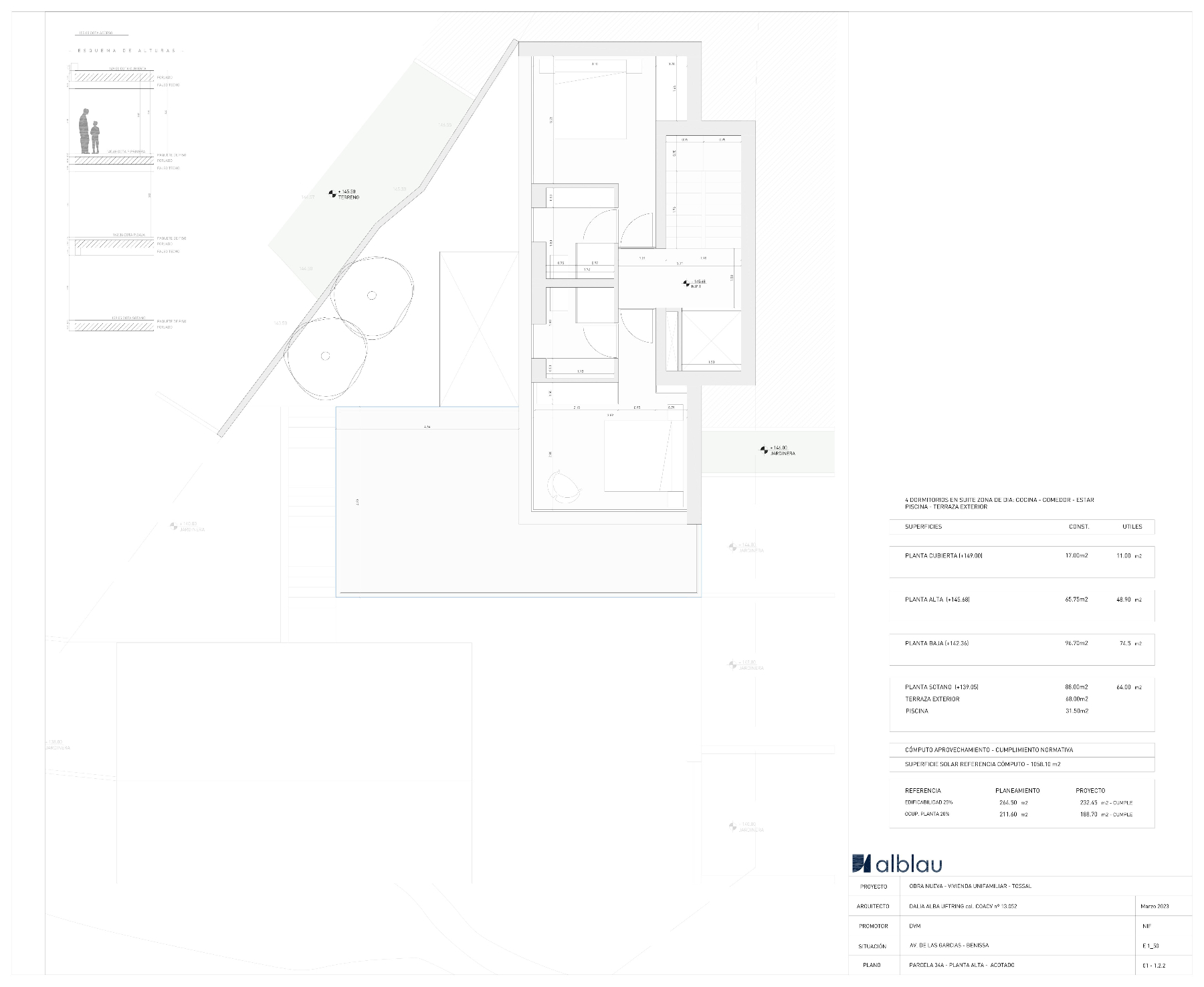Architectural plan showing the villa's layout, gardens, and land elevations.