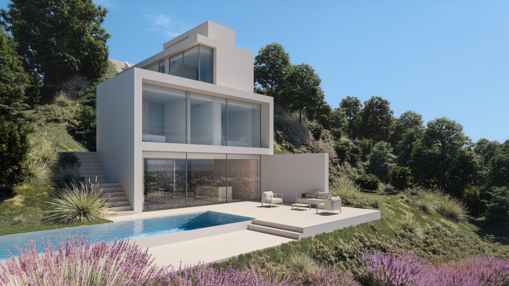 Exterior view of a modern villa with an infinity pool and terrace featuring minimalist furniture on a landscaped hillside.