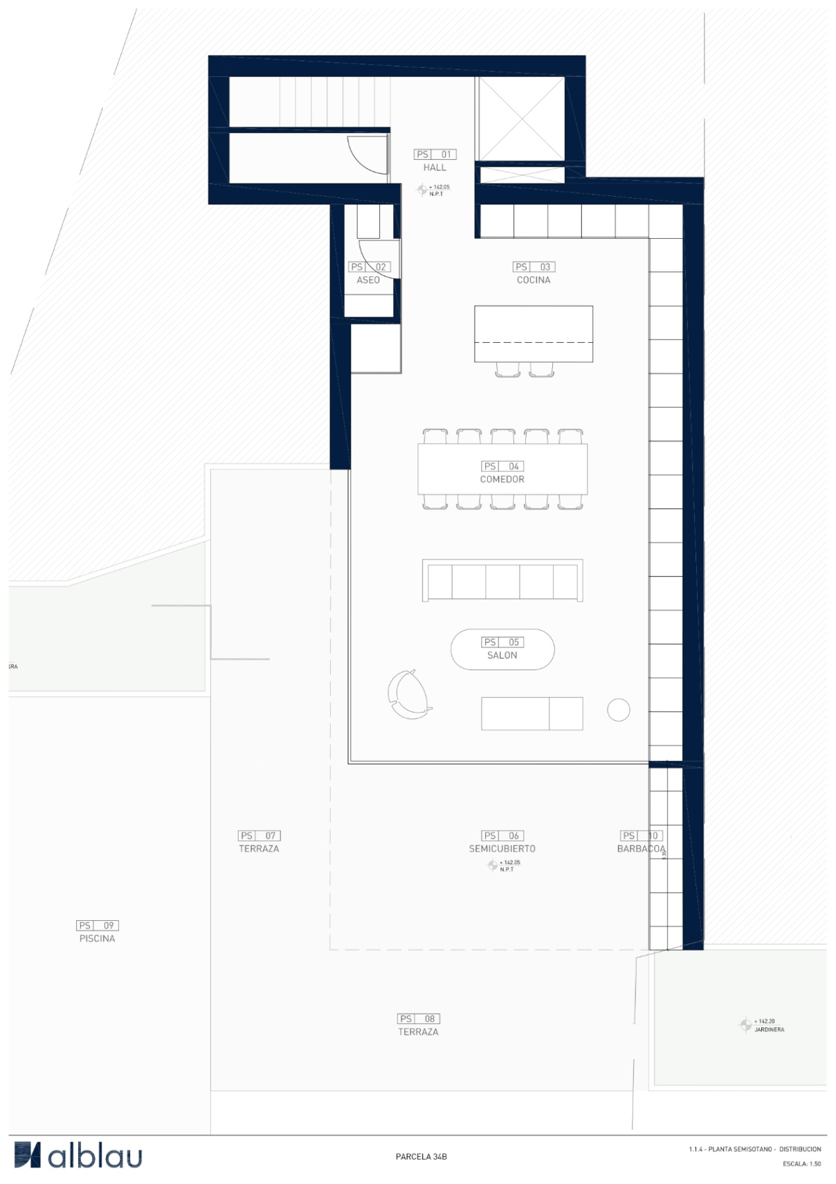 Architectural floor plan of the semi-basement level, showcasing an open-plan living area, kitchen with island, and a spacious terrace with an infinity pool and BBQ.
