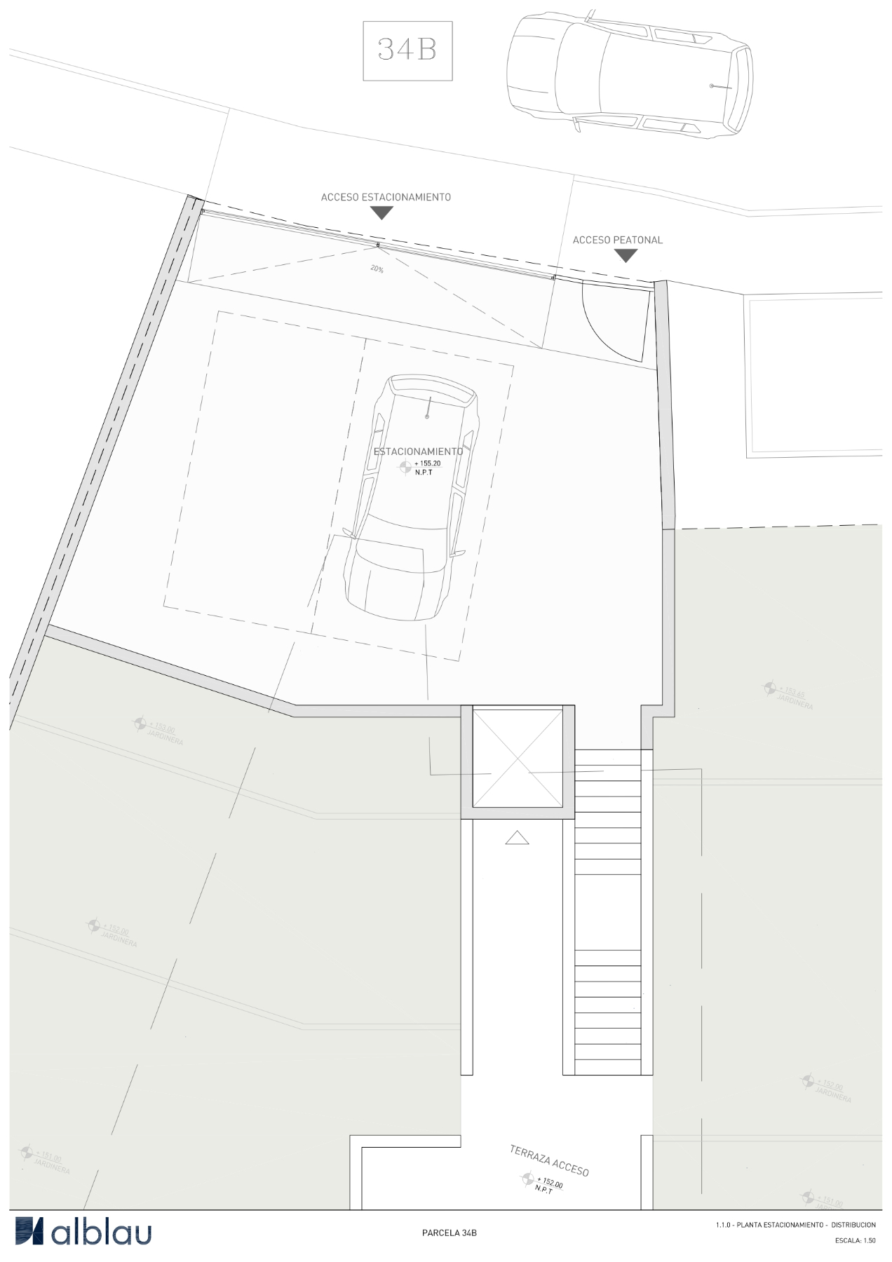 Technical floor plan of the parking level featuring vehicle and pedestrian access, double parking space, elevator shaft, and external stairs leading to the entrance.