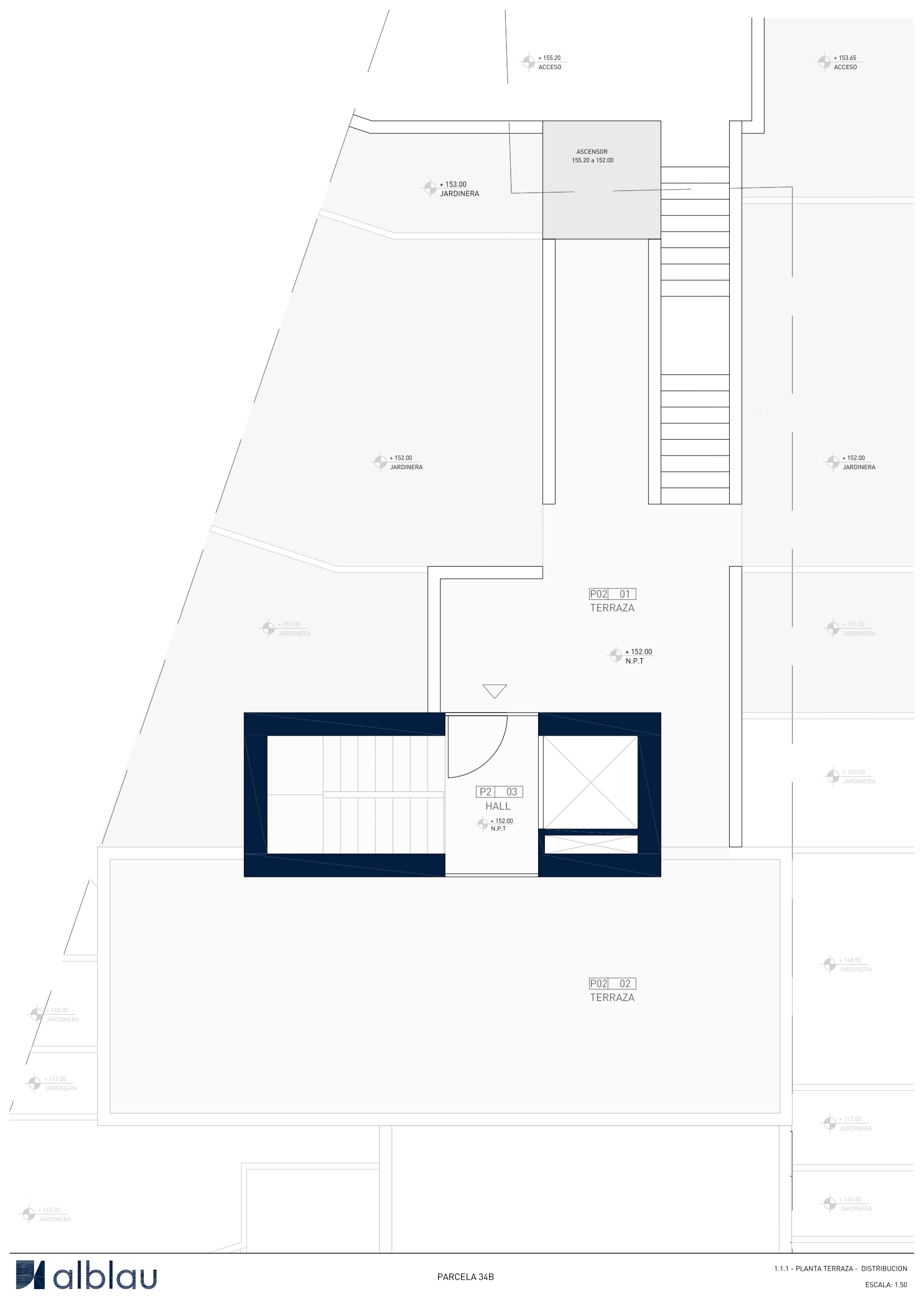 Technical floor plan of the roof level featuring the entrance hall, elevator, internal staircase, and expansive terrace areas with integrated planters.