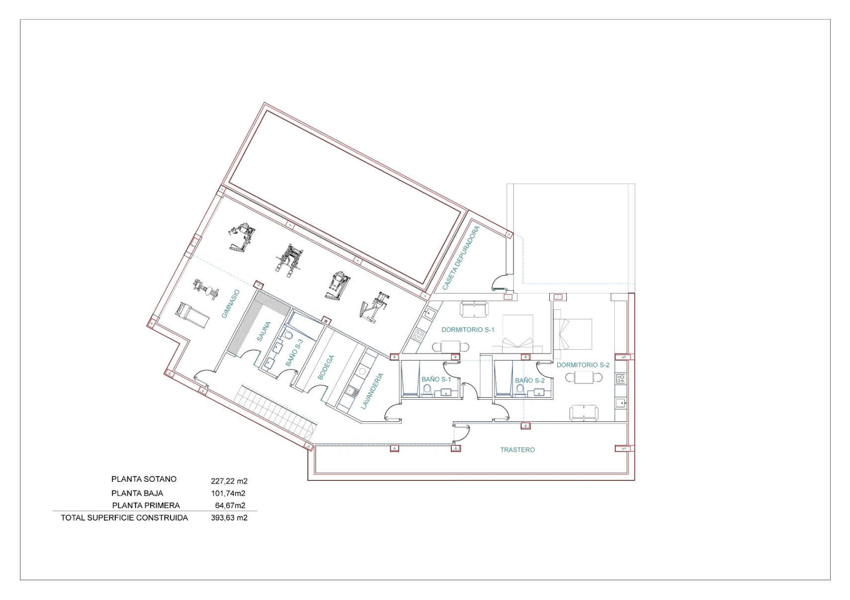 Detailed architectural plan of the basement featuring a gym, sauna, and bedrooms.