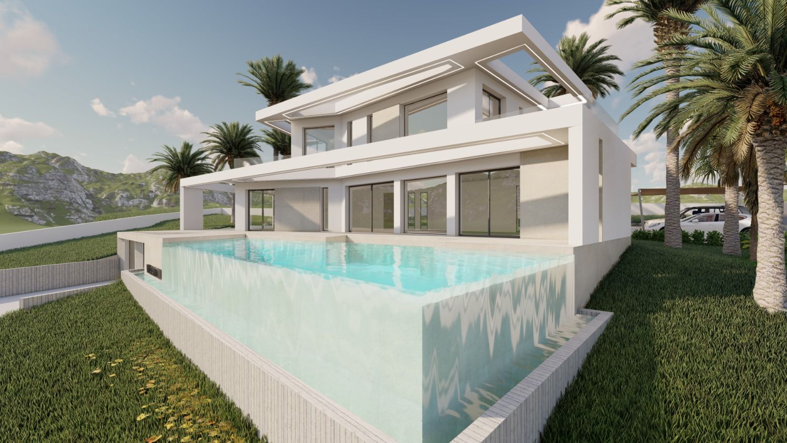 Exterior view of a modern villa featuring an infinity pool and minimalist design, surrounded by palm trees and greenery.
