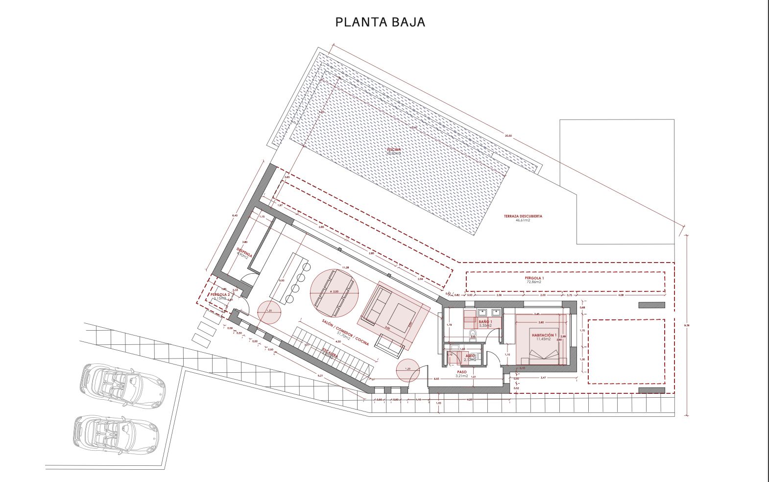 Floor plan showing the layout of the living/dining/kitchen area, bedroom, bathroom, and pool.