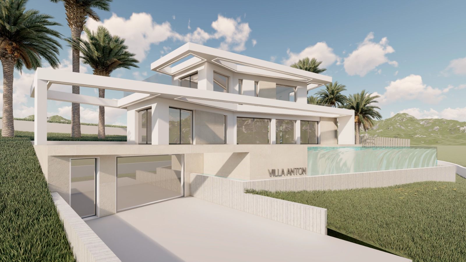 Modern villa exterior with infinity pool and palm trees, under a blue sky with clouds.