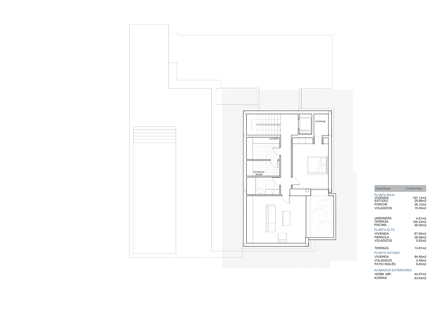 Detailed floor plan of the basement level featuring a laundry room, technical area, storage, and a versatile studio space with an English patio.