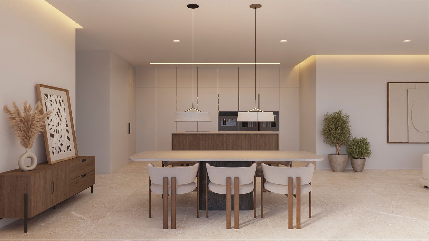 Open-plan dining area featuring a stone-top table, designer chairs, and a minimalist kitchen with a dark wood island and integrated LED lighting.