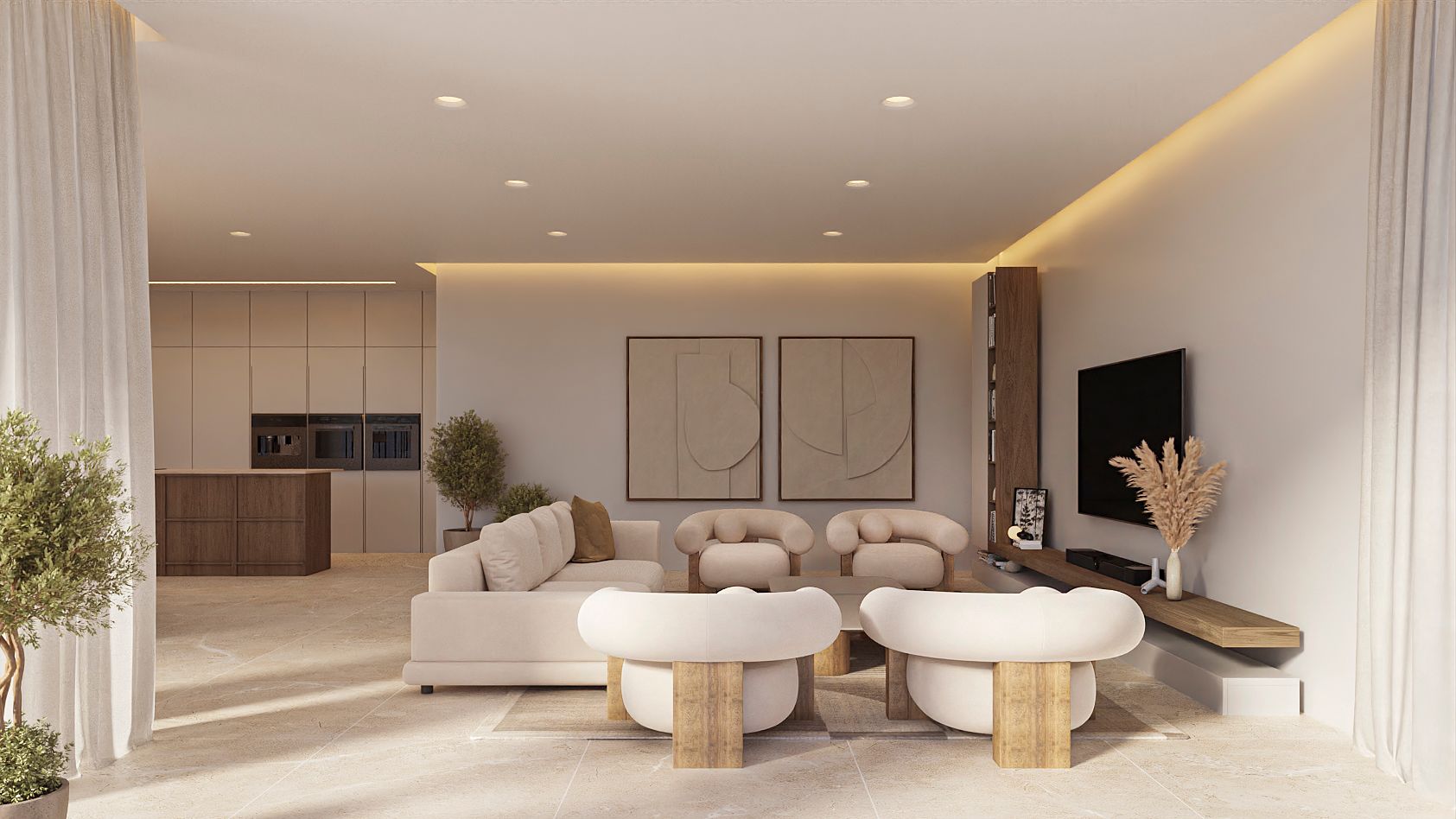 Open-plan living area featuring neutral-toned contemporary furniture, perimeter LED lighting, and an integrated kitchen with a wooden island.