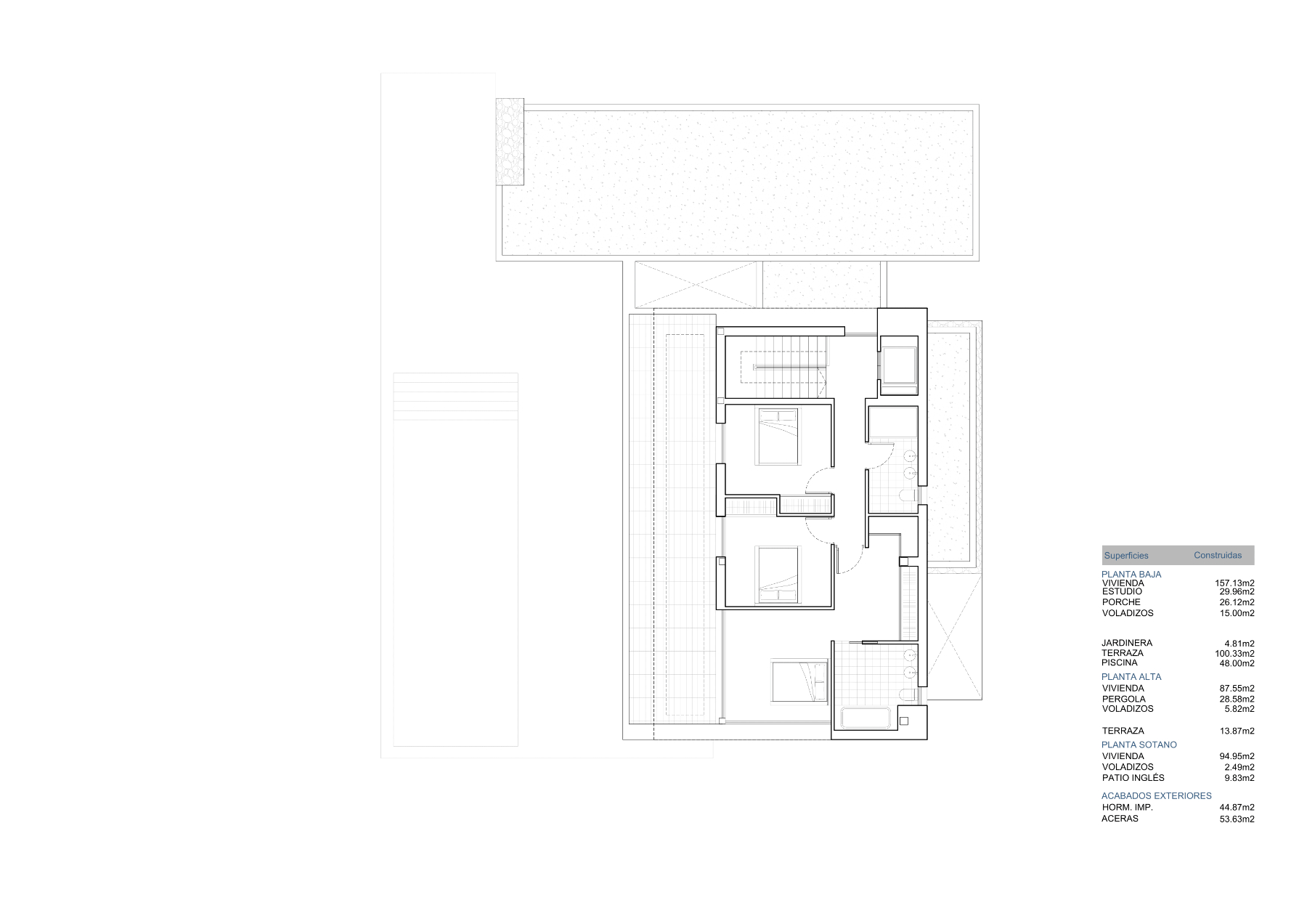 Technical architectural floor plan of the upper level illustrating the layout of bedrooms and bathrooms with a detailed area schedule.