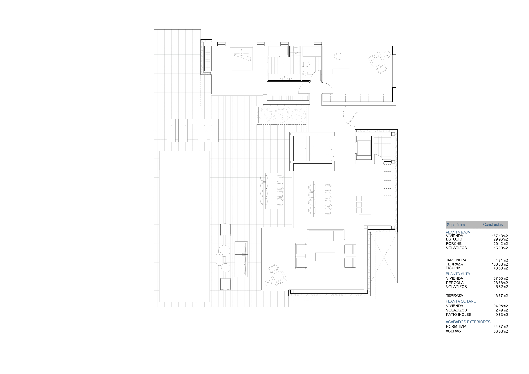 Technical ground floor plan illustrating the open-plan living area, kitchen, ensuite bedroom, and expansive terrace with a swimming pool and surface area data.