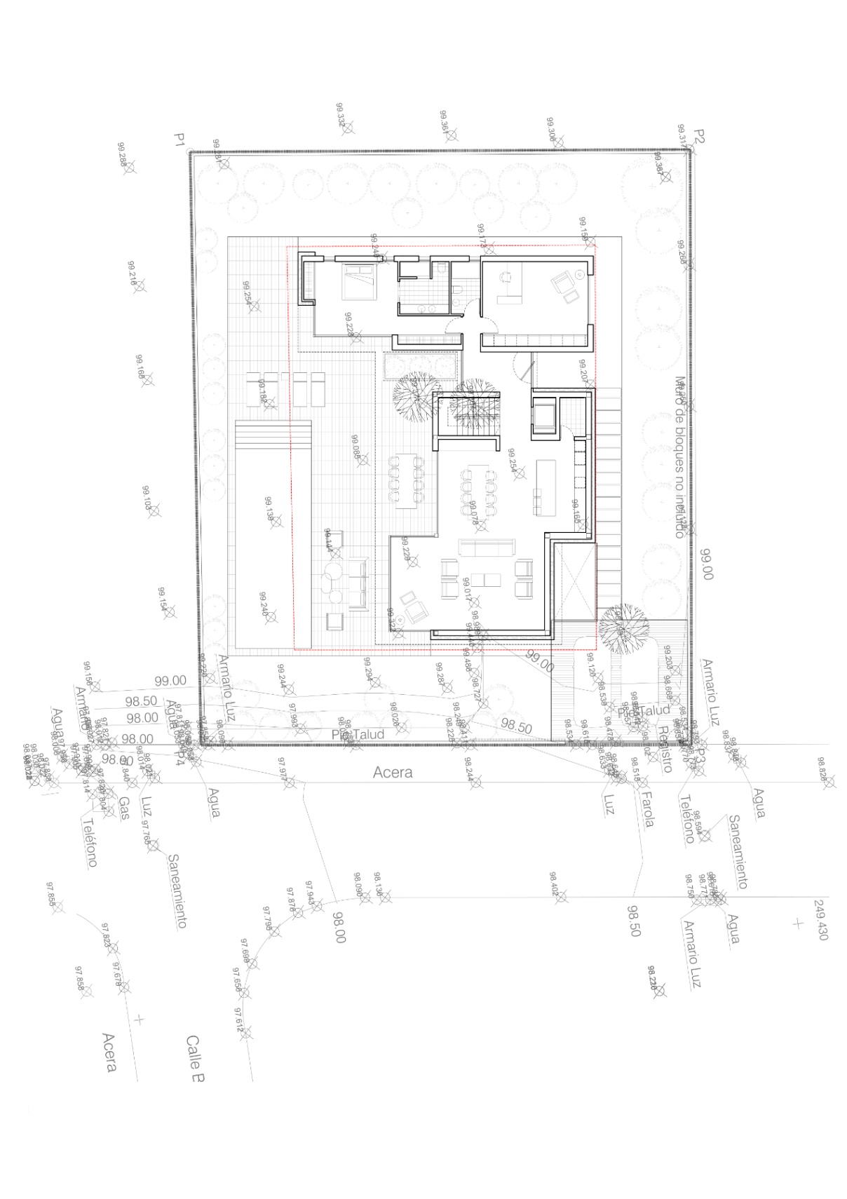 Technical site plan showing the ground floor layout, outdoor terrace with pool, and utility connection points across the plot.