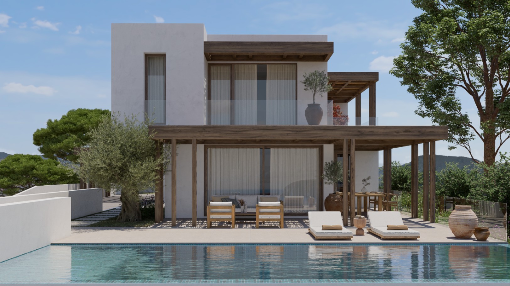 Exterior view of the villa featuring a pool, covered terraces with wood structure, and Mediterranean garden.