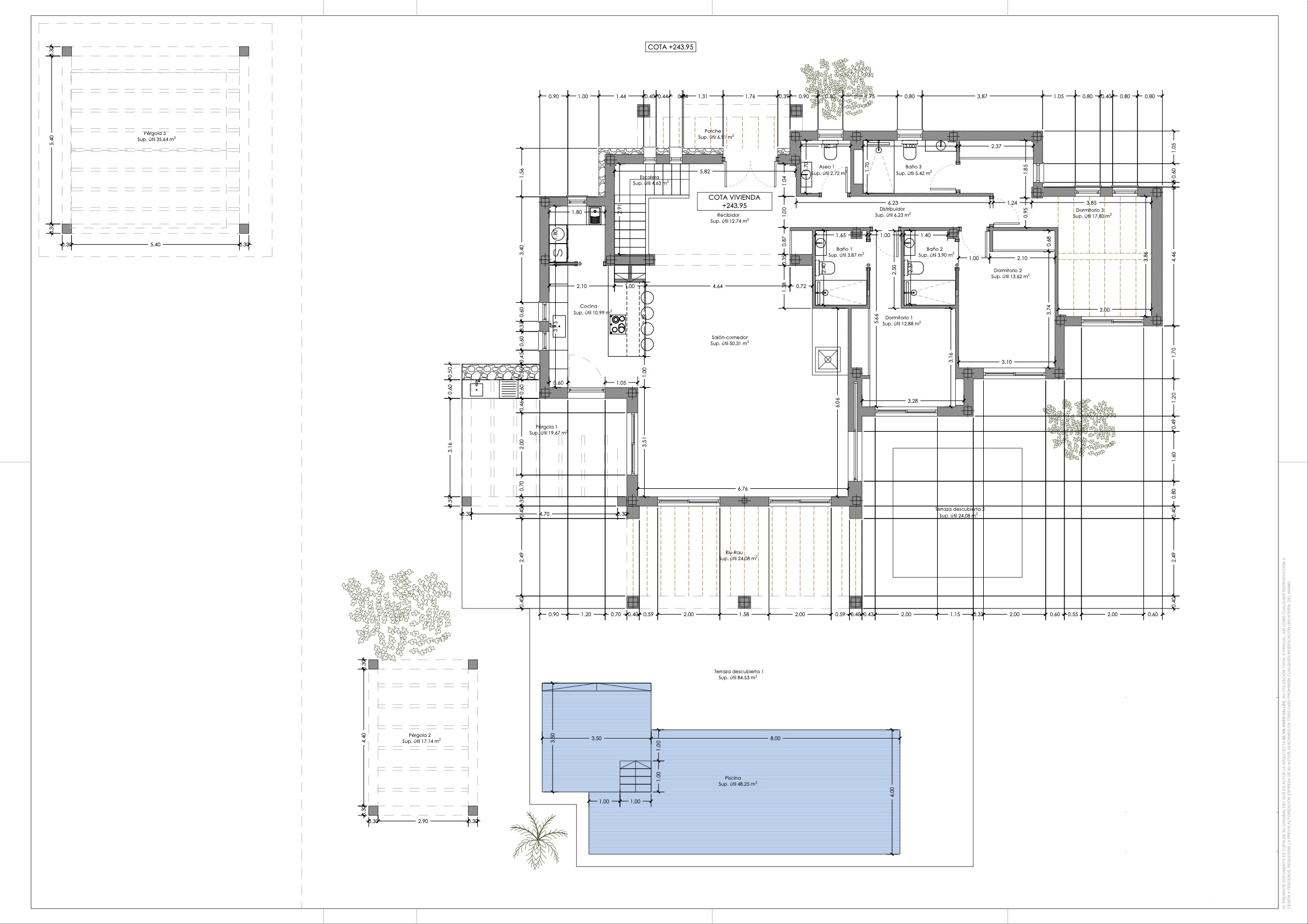 Detailed floor plan showing the main level layout with three en-suite bedrooms, open-plan kitchen and living area, plus extensive terraces and a private pool.