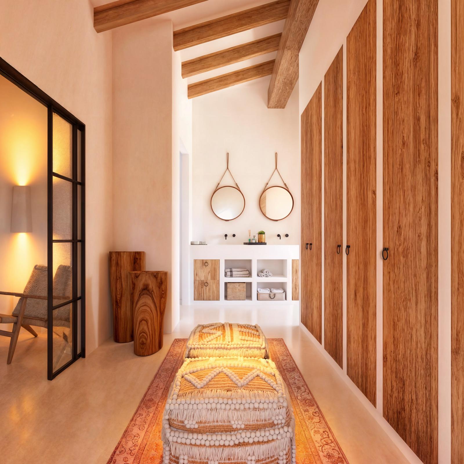 Dressing area featuring exposed wooden beams, floor-to-ceiling wardrobes, and a double vanity with hanging mirrors. Black-framed glass partitions connect the space to the interior.