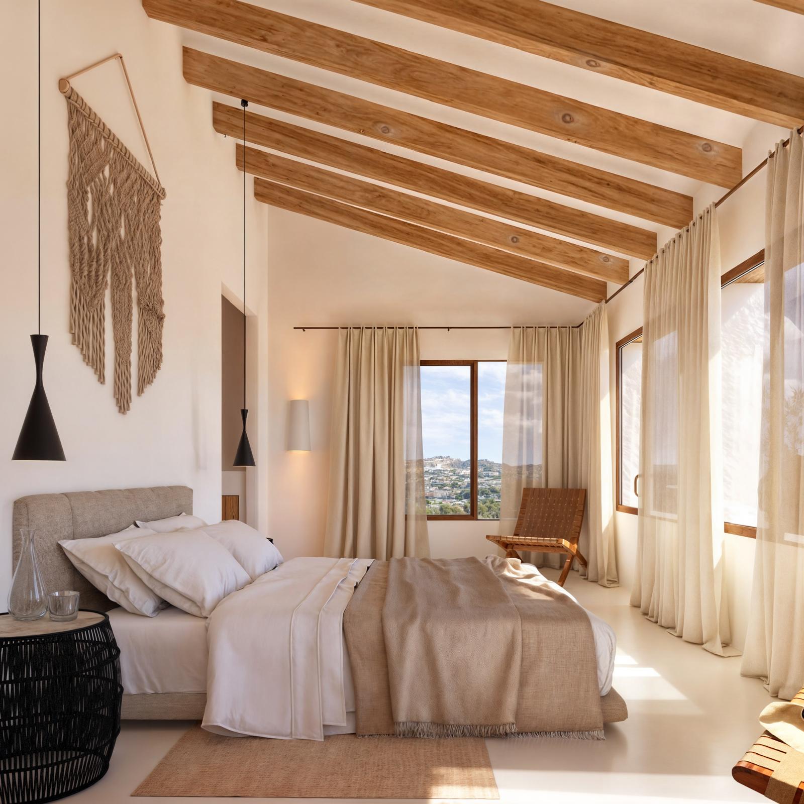 Master bedroom featuring high sloped ceilings with exposed wooden beams, large windows offering landscape views, and a minimalist Mediterranean design in neutral tones.