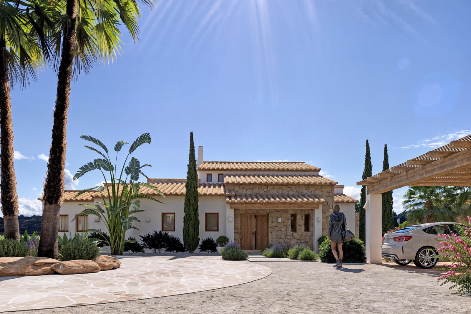 Rustic main facade featuring natural stone walls, clay tile roofing, and an outdoor parking area under a wooden pergola, surrounded by Mediterranean landscaping.