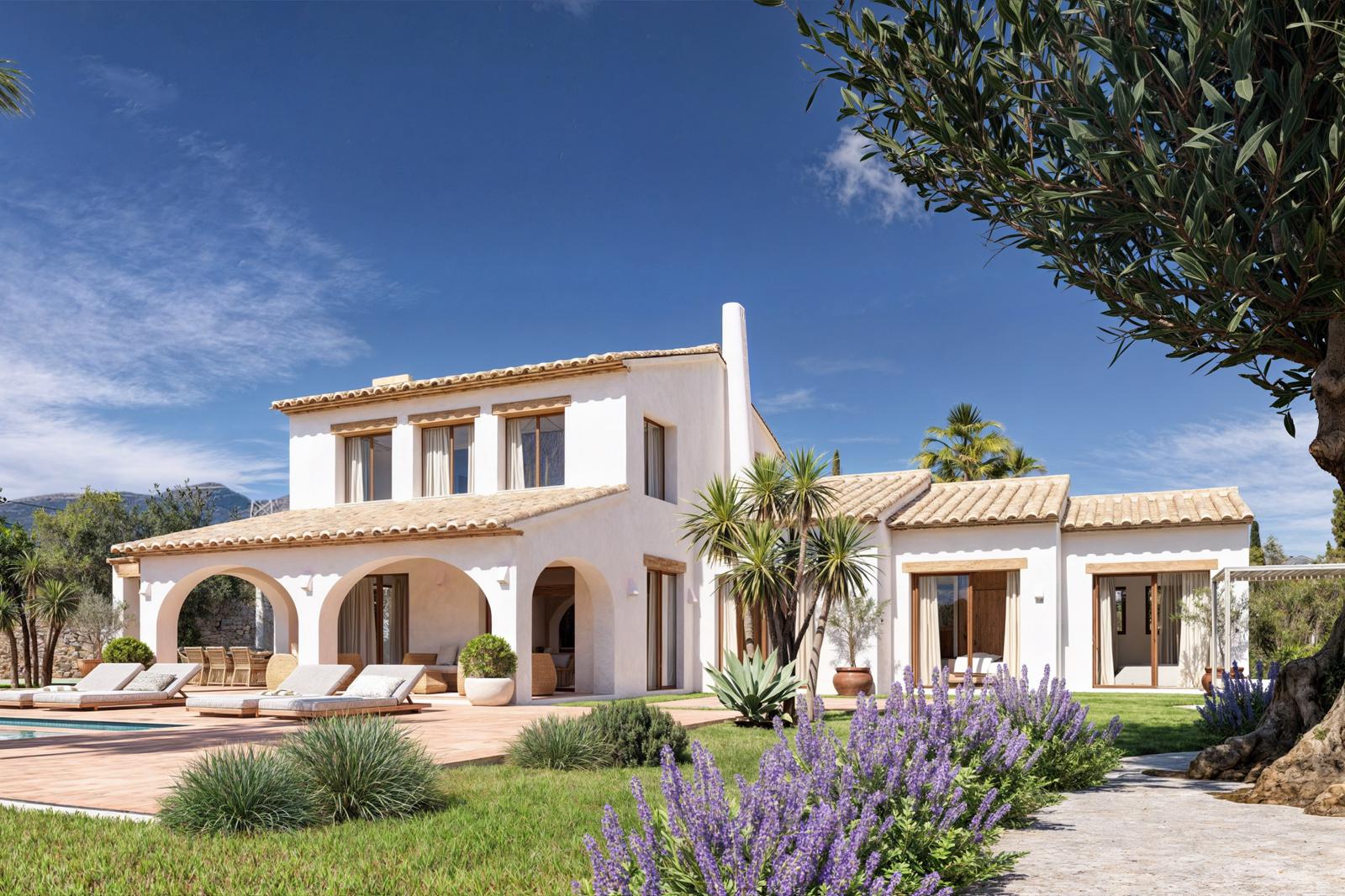 Rustic Mediterranean exterior featuring traditional arches, lavender and olive gardens, and a spacious terracotta terrace adjacent to the swimming pool.