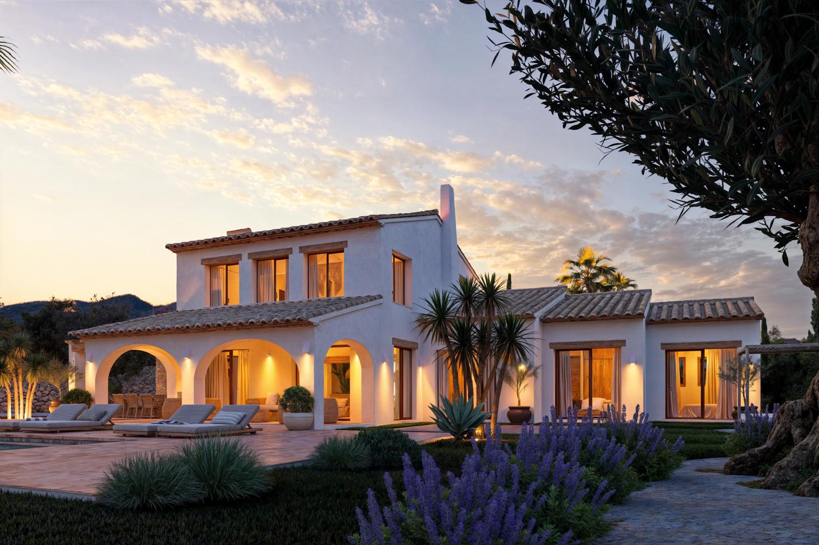 Sunset view of the Mediterranean villa featuring white stucco walls, traditional arches, terracotta tiling, and landscaped gardens with lavender and olive trees.